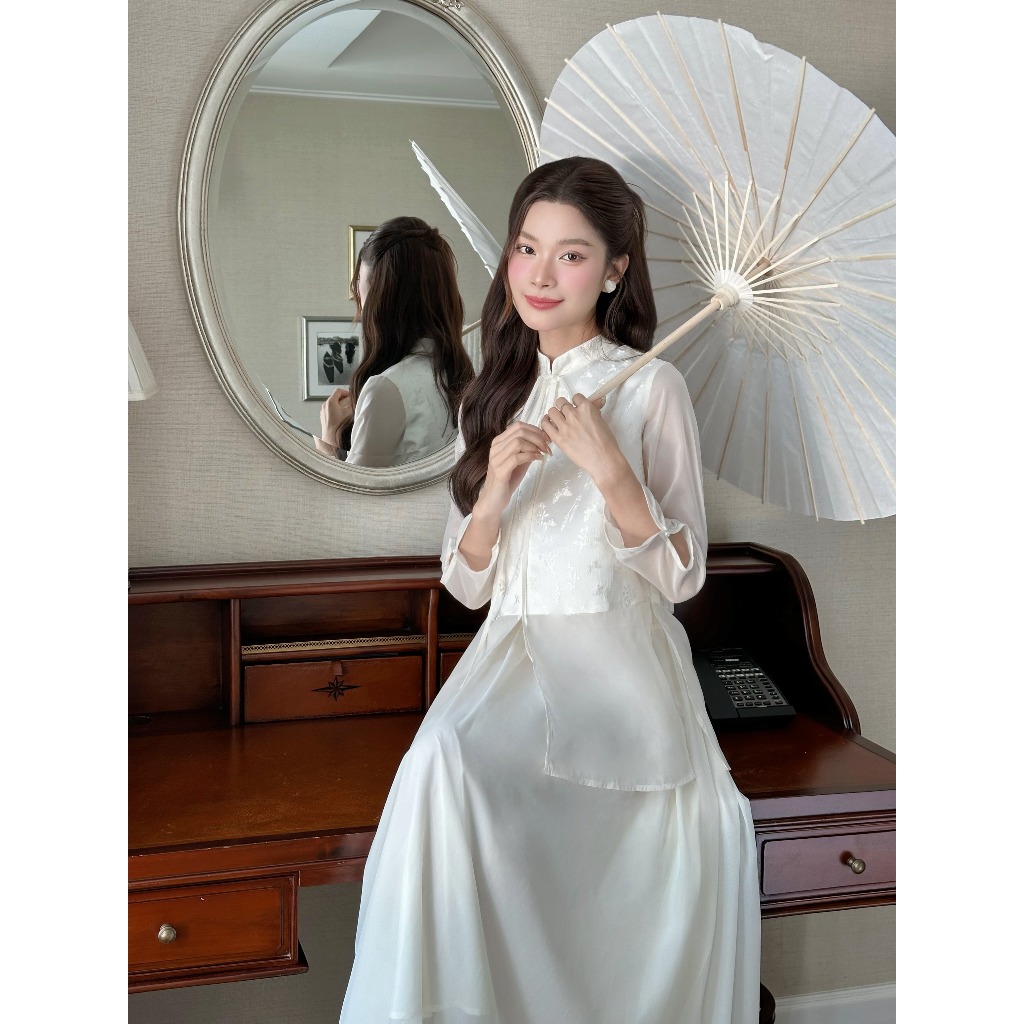  Áo Cách Tân Gấm Trắng Phối Tơ ELYSNIE Thanh Lịch Nhẹ Nhàng Willa Dress 