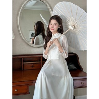  Áo Cách Tân Gấm Trắng Phối Tơ ELYSNIE Thanh Lịch Nhẹ Nhàng Willa Dress 