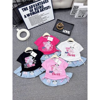 [Poba.98] set áo cotton in hình baby three, phối chân váy xoè xếp ly, có lót bảo hộ cho bé gái.