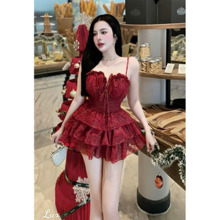 SET HAI DÂY THẮT NƠ THÊU NỔI PHỐI CHÂN VÁY TẦNG