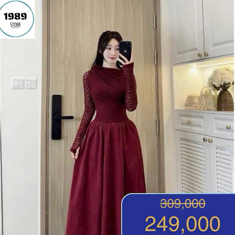 Váy ren dài tay dài hoa cổ kho sỉ 1989 store màu đỏ trắng đi chơi đi tiệc sang