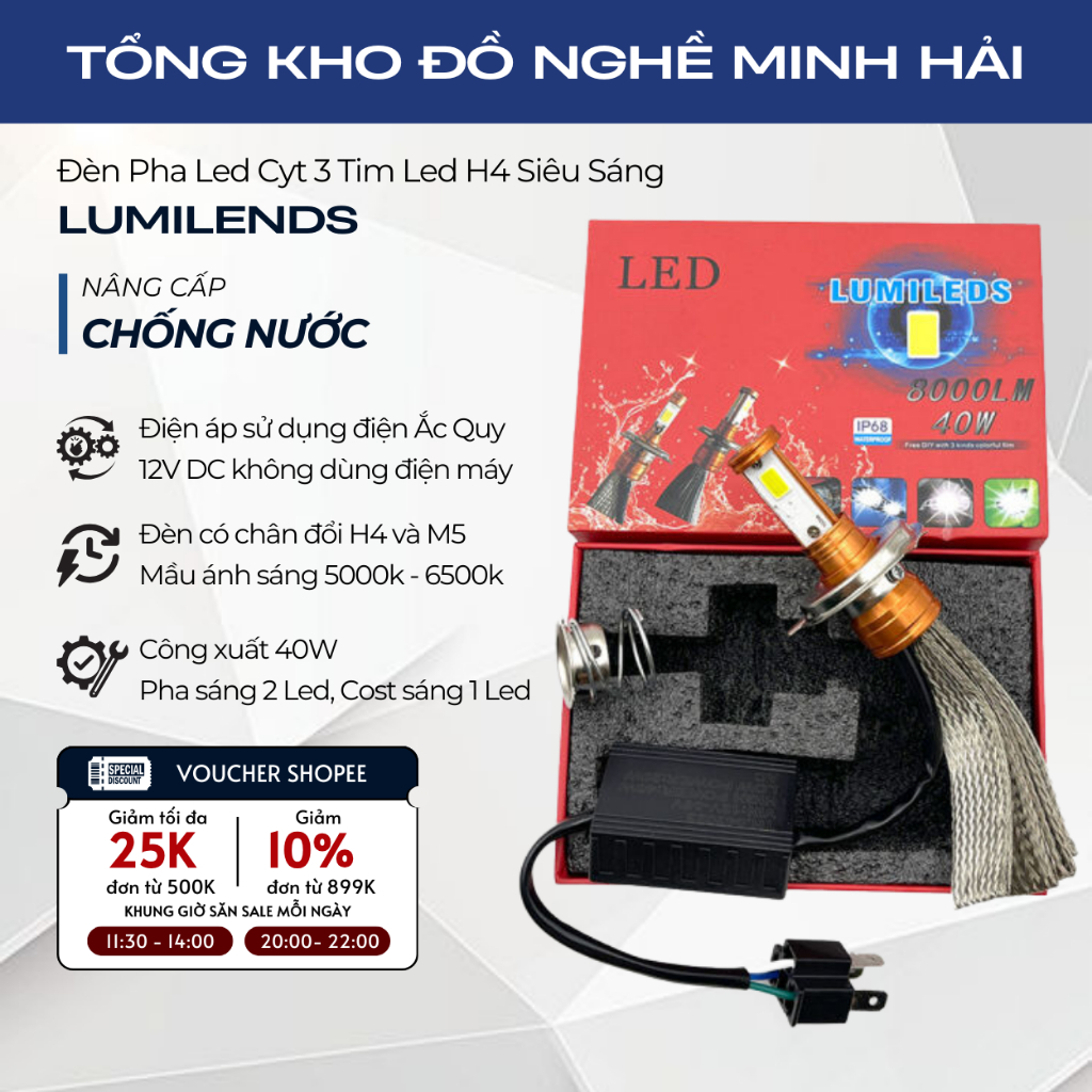 Đèn Pha Led Cyt 3 Tim Led Có Chân Đổi H4 Và M5 Siêu Sáng