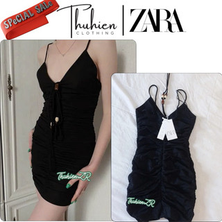 (AUTH S) Váy mini ZARA 0264/330/800 LINEN xếp nếp cổ đeo dây hạt lớn(kèm ảnh thật)