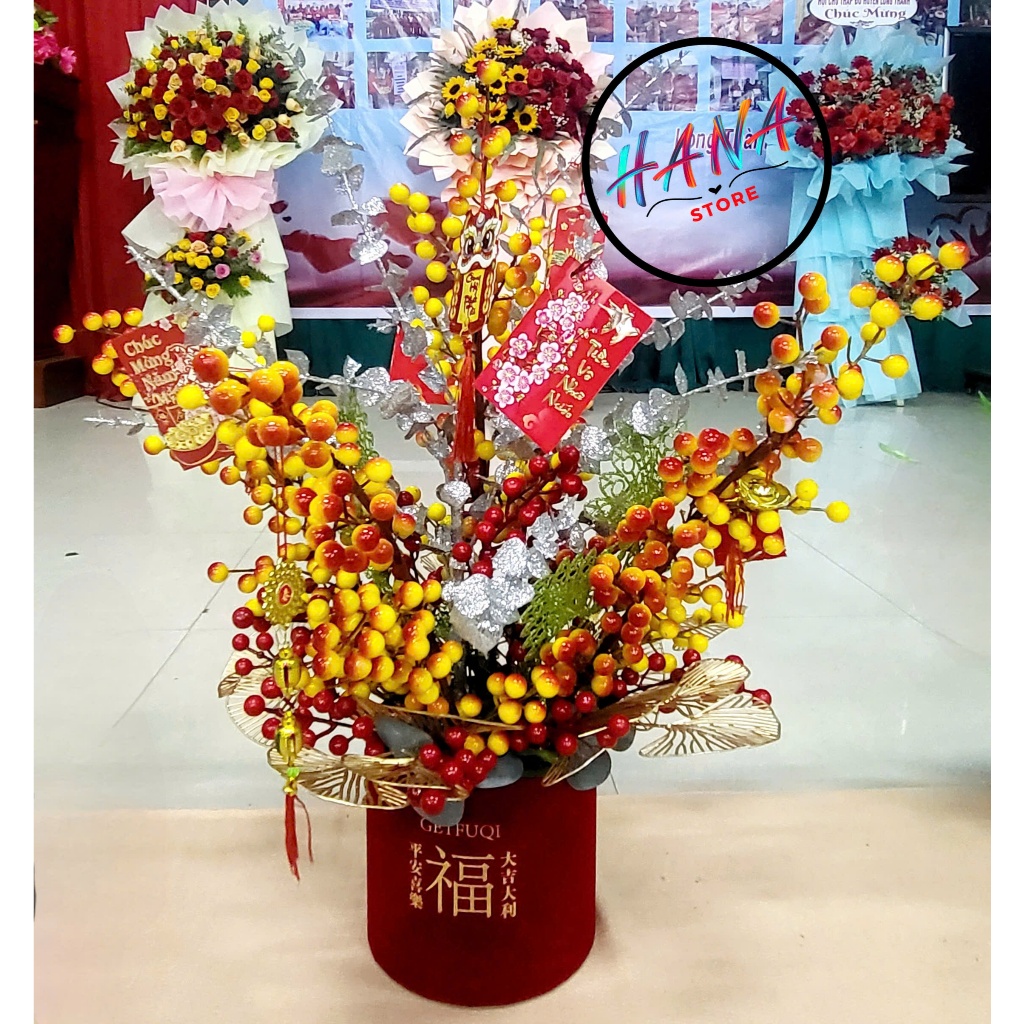 Chậu hoa đào đông vàng cam chưng Tết, bình hoa đào đông vàng loang đỏ hot trend cắm sẵn