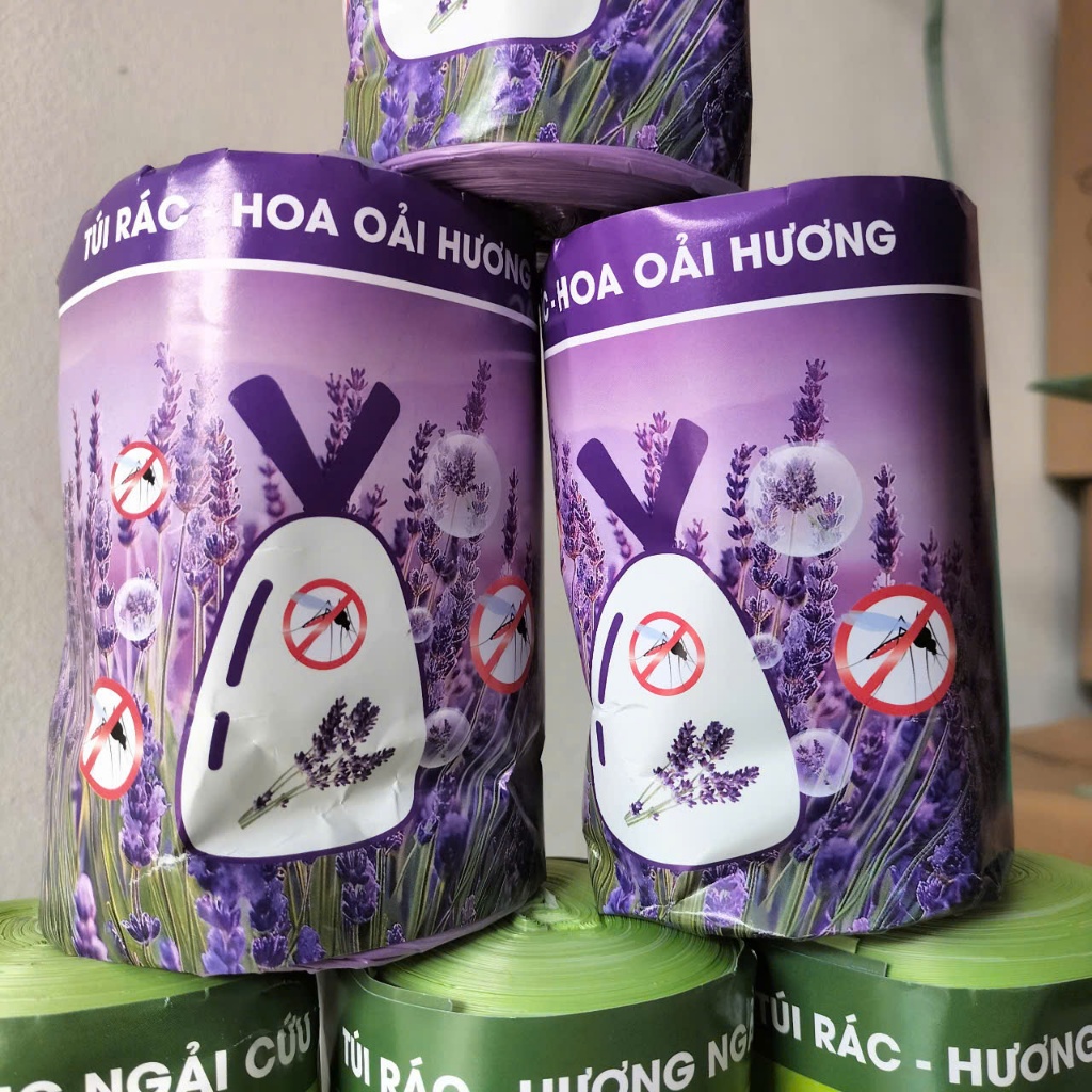 Cuộn 50 túi đựng rác hương Lavender xua đuổi muỗi, côn trùng siêu dai. Cuộn rác có dây rút