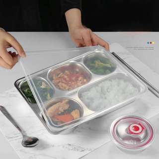  Khay cơm inox 5 ngăn sâu lòng có bát canh chống tràn cho người lớn công nhân trẻ nhỏ có nắp kt 22x28 