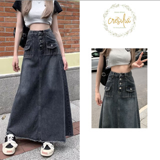 Chân váy jean dáng dài CRESILIA cạp cao tua rua, chân váy bò chữ A túi hộp tôn dáng thanh lịch A32