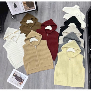  Áo gile len có MŨ KÉO KHOÁ 2 TÚI chất len dày dặn nữ. 