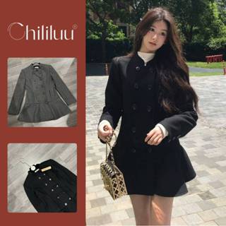 Áo dạ Chililuu áo váy khoác dạ cổ tròn chiết eo tà dưới tạo kiểu phong cách Hàn Quốc