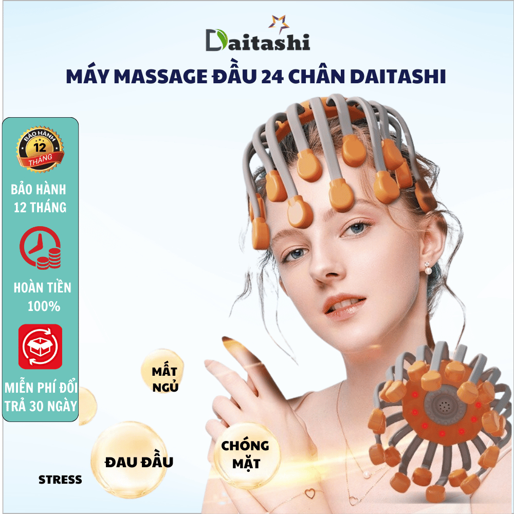  Máy massage đầu siêu cấp 24 chân DAITASHI BZY-008 mát xa đèn hồng ngoại bluetooth giúp giảm đau thư giãn giảm stress 