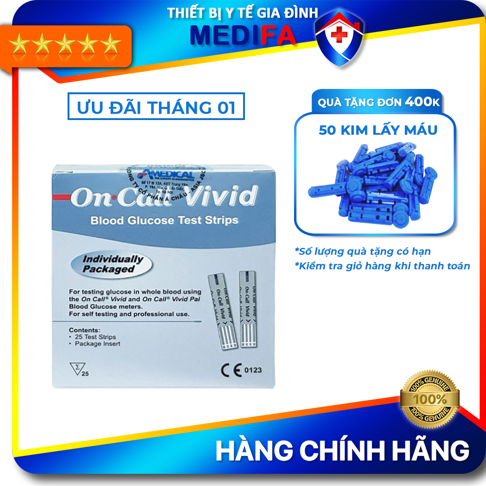 Hộp 25 Que thử đường huyết On call Vivid, chính hãng ACON/Mỹ, mỗi que test được đóng rời trong túi thiếc