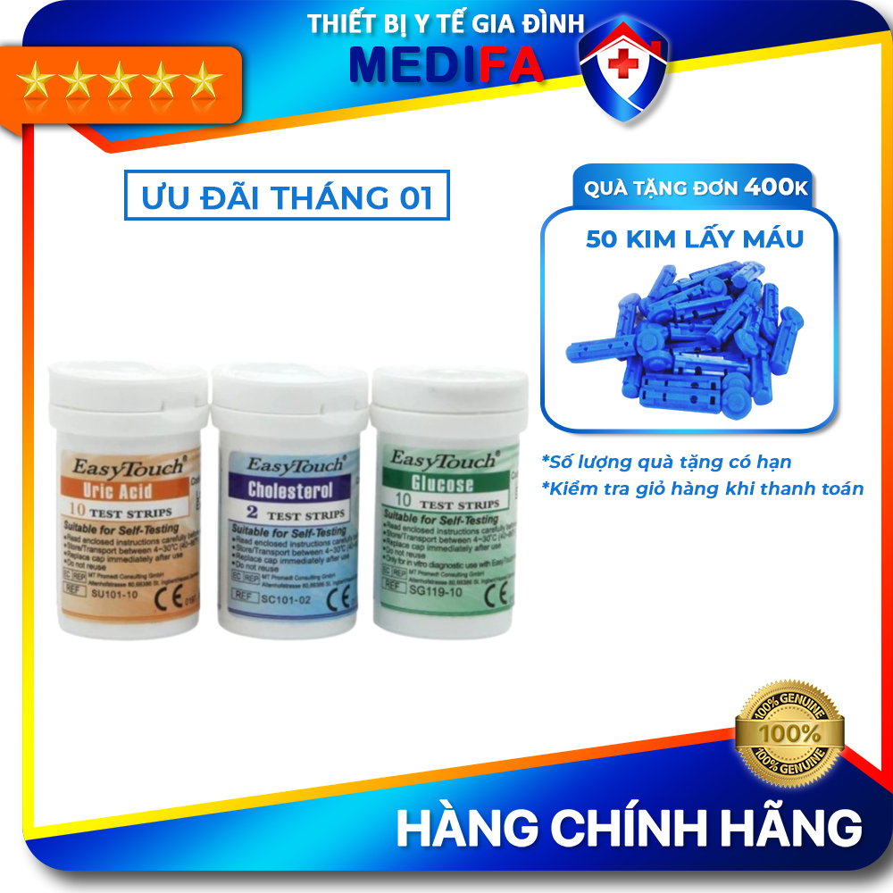 Bộ que thử đường huyết, mỡ máu, gút (gout) dùng cho máy đo đường huyết 3 chỉ số Easy Touch ET322 Rossmax