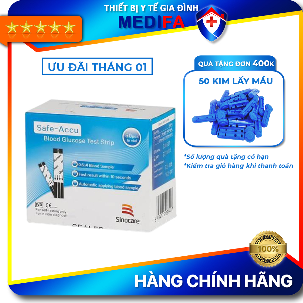 Hộp 50 Que Thử Đường Huyết Safe Accu Dùng Cho Máy Đo Đường Huyết Sinocare Safe Accu, Hàng Chính Hãng