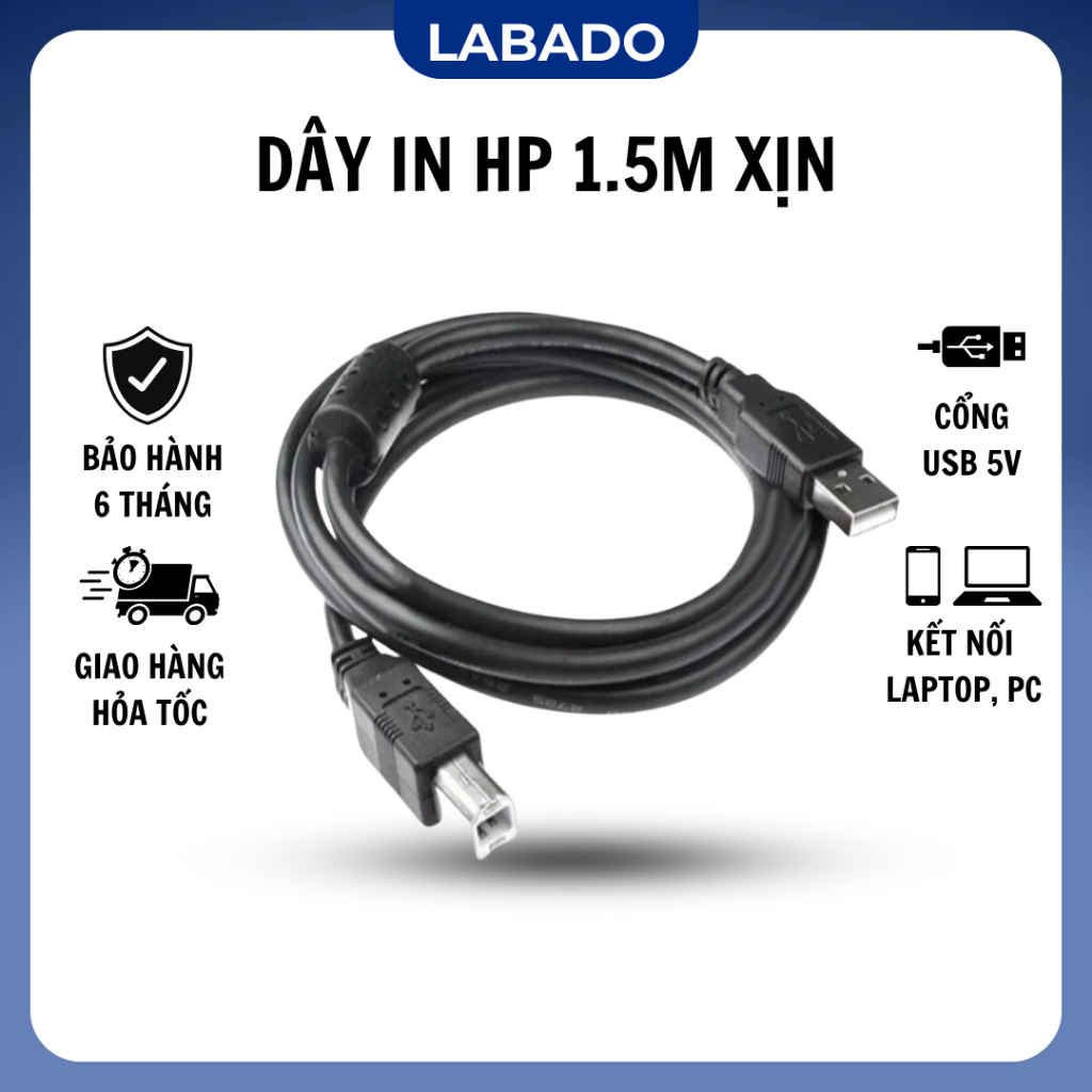 Dây máy in USB 2.0 chuẩn A sang chuẩn B HP xịn 1.5m, cáp máy in chống nhiễu tốc độ 480Mbps LABADO