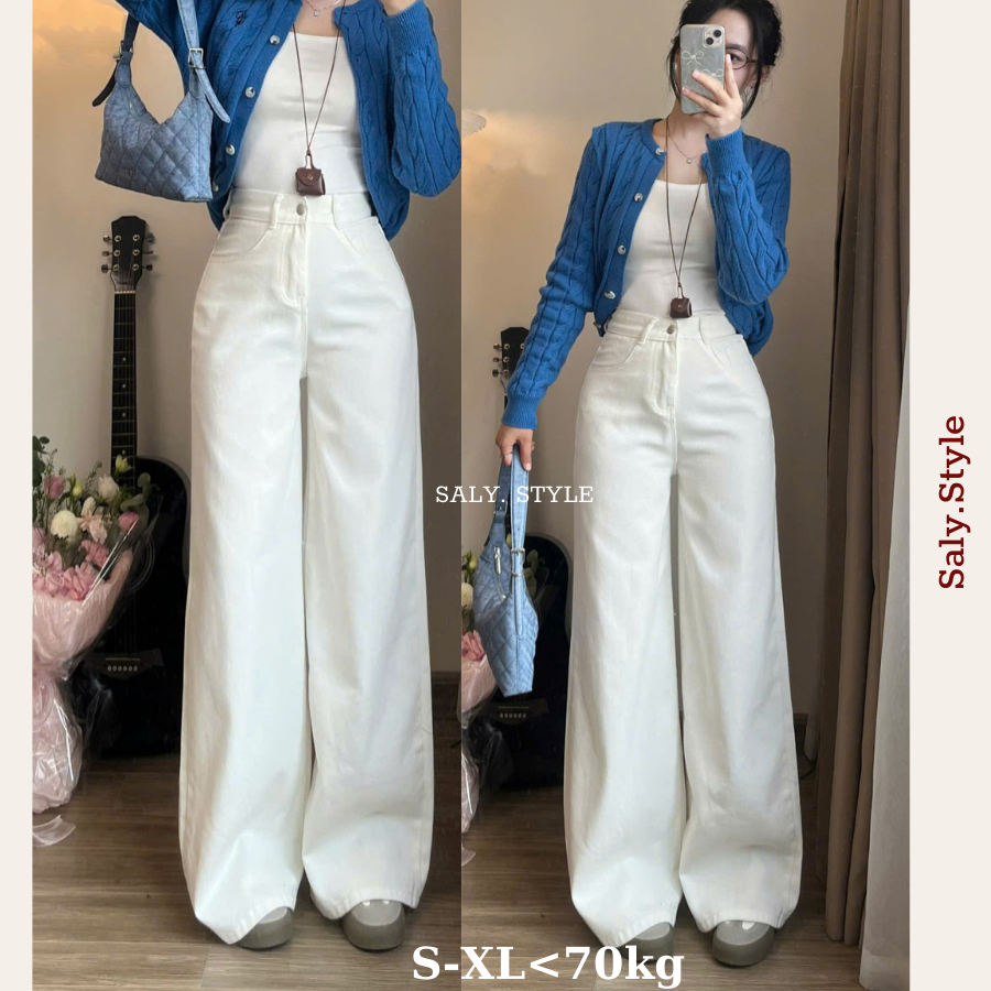 Quần Jeans Trơn SALY Quần Bò Suông Ống Rộng Cạp Cao Tôn Dáng Hai màu Trắng Be Dài 103cm