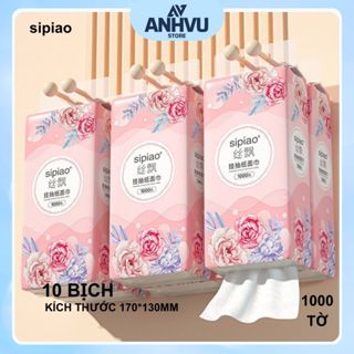 Thùng 10 Bịch Giấy Treo Đa Năng SIPIAO Hoa Hồng, Khăn Rút Treo Tường  4 Lớp mỗi bịch 1000 Tờ Loại 1, Tặng Móc Treo