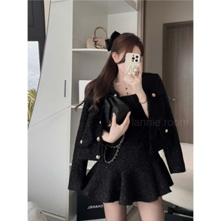  Set đồ nữ váy cúp ngực chân váy bèo mix áo choàng croptop dáng ngắn dài tay kim tuyến đen LANIE TỰ MAY LẠI TRE 