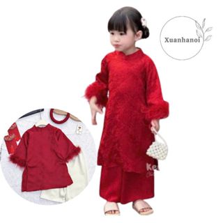 Áo dài tết bé gái gấm hoa tay lông áo và quần 8-30kg XHN1636/1658