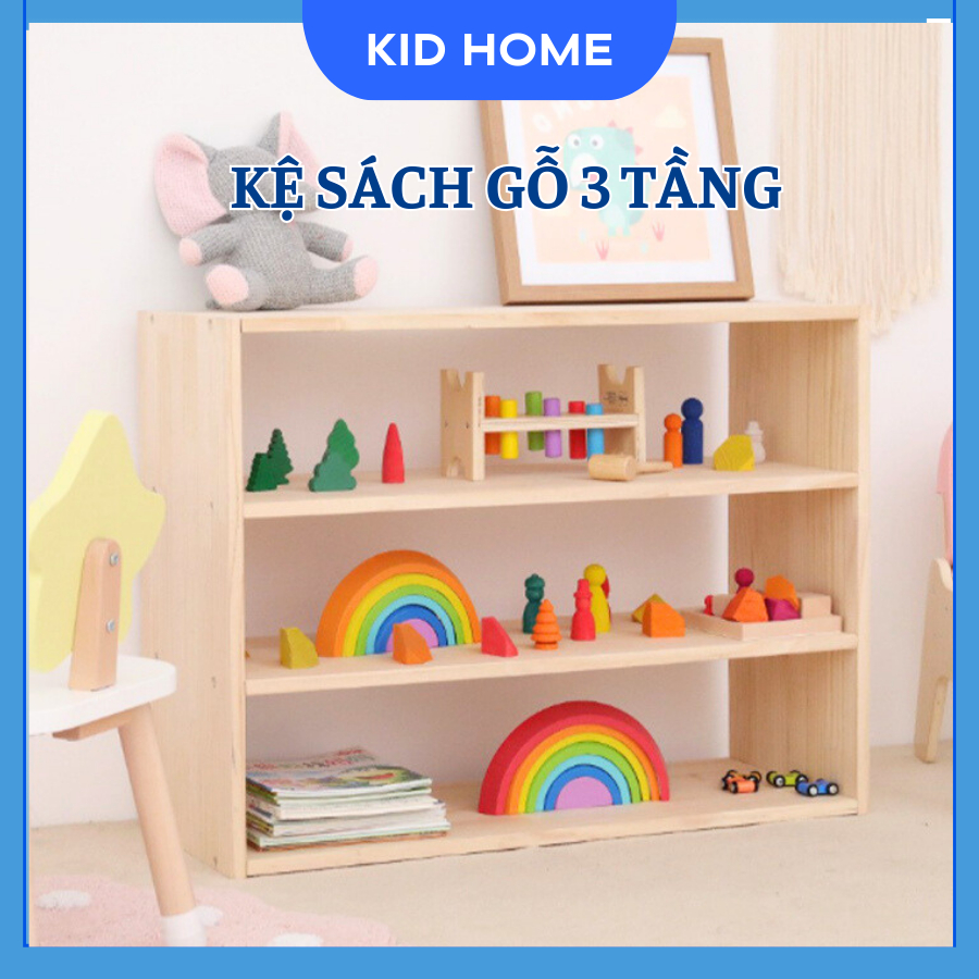 Kệ Sách Bằng Gỗ Cho Bé, Kệ Để Đồ Gỗ Phủ Sơn Bóng Hình Chữ Nhật Ba Tầng Đựng Sách Vở Đồ Chơi Cho Bé