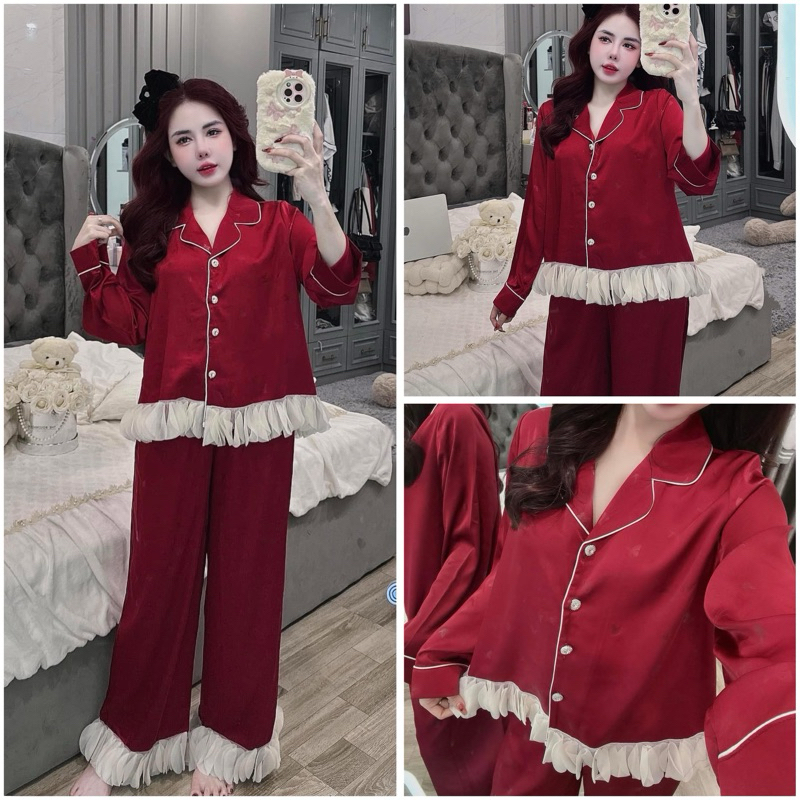  Bộ ngủ mặc nhà pijama tiểu thư  lụa Quảng Châu cao cấp cánh đỏ hoa ở gấu 