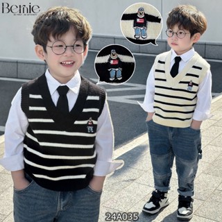Áo gile len bé trai thêu Gấu phối kẻ Bernie sành điệu - Áo len bé trai bé gái phong cách 9-24kg - 24A035