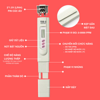 Bút Đo TDS-3 / EC Đo Nồng Độ Chất Rắn Hòa Tan Trong Nước, Kiểm Tra Nước Sạch, Đo Nhiệt Độ, Tiện Lợi