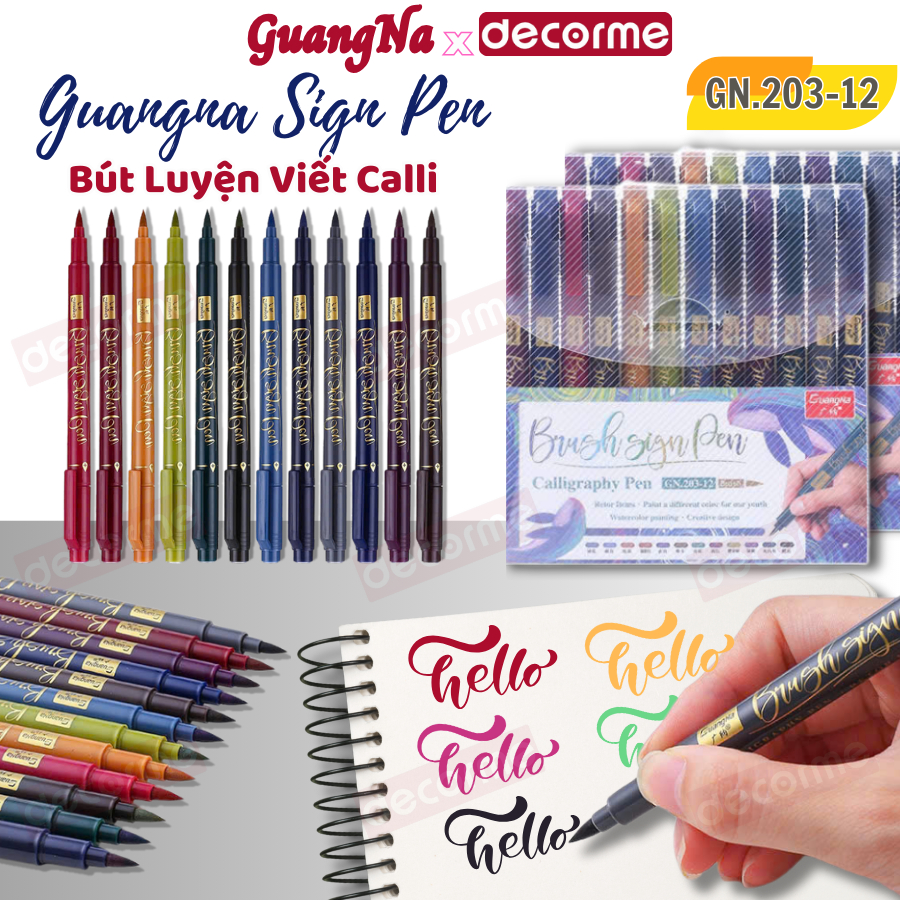 Bút Brush Sign Pen Guangna 203 DecorMe viết caligraphy trang trí sổ tay bullet journal full set nhiề