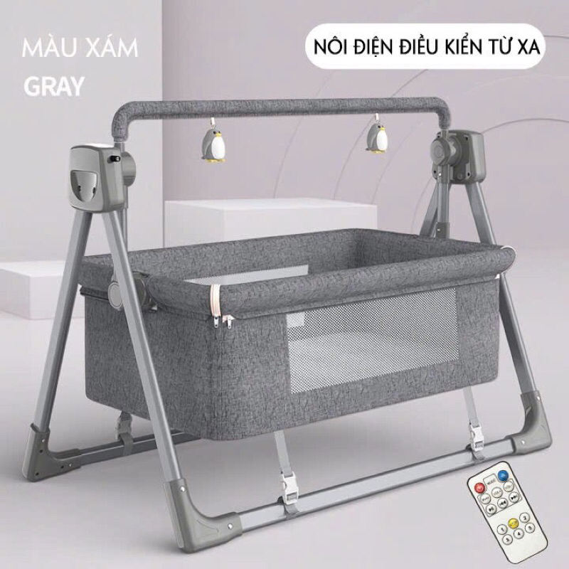 Nôi điện cho bé,Nôi đưa tự động tặng kèm màn và nệm, có điều khiển từ xa kèm nhạc bluetooth