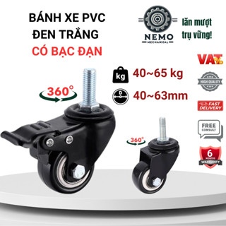 Bánh xe đẩy hàng PVC đen, cọc vít, có bạc đạn và khóa, đường kính bánh 4cm đến 7cm, 40-85kg/bánh