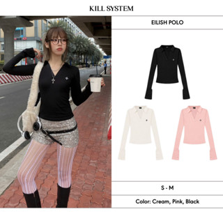 KILL SYSTEM - Áo polo thể thao dài tay nữ Eilish cổ chữ V sexy ,thun co giãn,mềm mịn tập tennis, cầu lông, pickleball