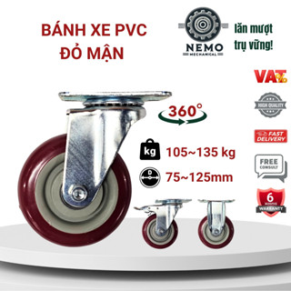 Bánh xe đẩy hàng PVC đỏ mận, mặt bích, có bạc đạn, đường kính 7cm, 10cm, 12cm, tải trọng 105-135kg: