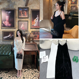 Váy hai dây nhung the viền ren dáng xuông trơn đơn giản