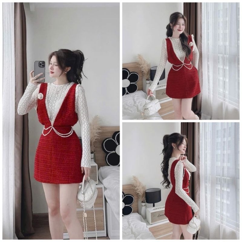Set đầm yếm đỏ dạ bố đính bông áo ren tay dài