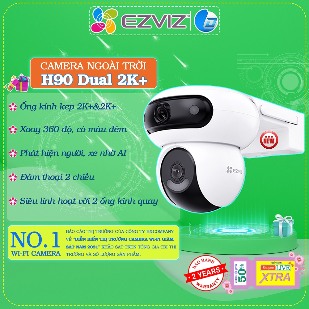 Camera ngoài trời 2 mắt xoay Ezviz H90 4MP+4MP chính hãng, màu ban đêm, xoay 360 độ