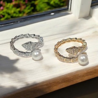 Nhẫn Ngọc Trai Hình Rắn Đính Hạt 8ly Trắng Ánh Hồng Khung Hở Tự Chỉnh Size Được - Ngọc Trai Trường Thịnh