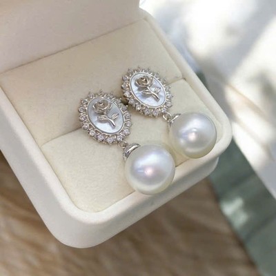 Bông Tai Ngọc Trai 10ly Khảm Xà Cừ Hoa Hồng Thời Trang, Sang Trọng - Ngọc Trai Trường Thịnh