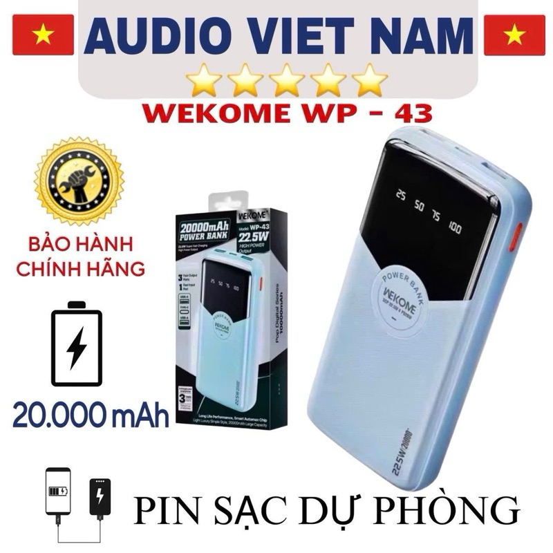 pin sạc dự phòng wekome wp-43 dung lượng 20.000mah sạc nhanh 22.5w | audio viet nam store