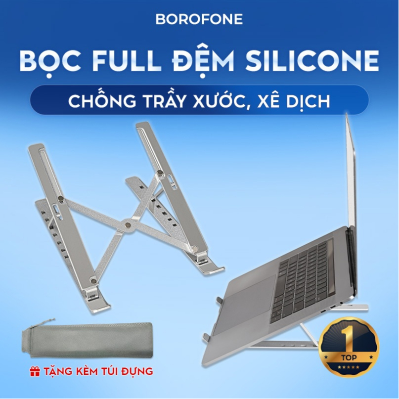 Giá đỡ LAPTOP, MACBOOK, IPAD BOROFONE N4 bằng nhôm có thể điều chỉnh được độ cao, đế tản nhiệt kê laptop