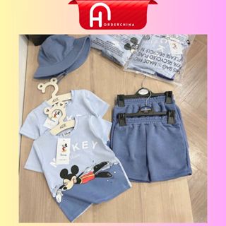 Bộ quần áo Mickey cộc tay tặng kèm mũ cho bé trai chất cotton phối nỉ chân cua tone màu xanh - HNOrderChina