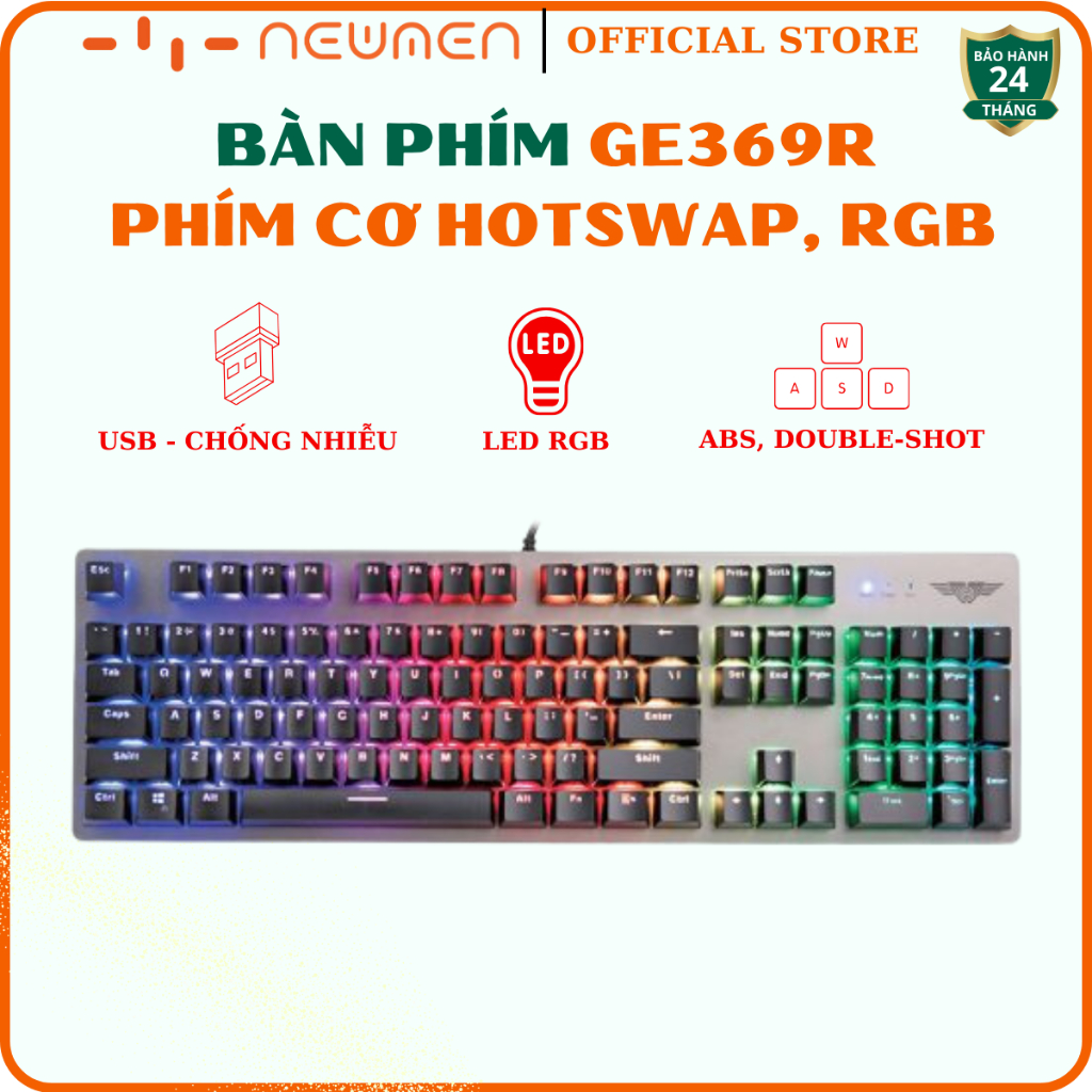 Bàn phím cơ có dây Gaming NEWMEN GE369 Hotswap, Khung kim loại, Keycap double-shots ABS siêu bền, LE