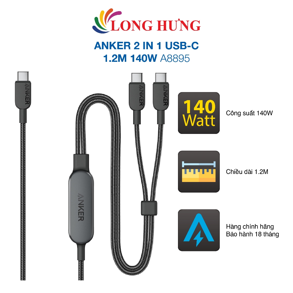 Cáp USB Type-C to Type-C Anker 2 in 1 USB-C 1.2m 140W A8895 - Hàng chính hãng
