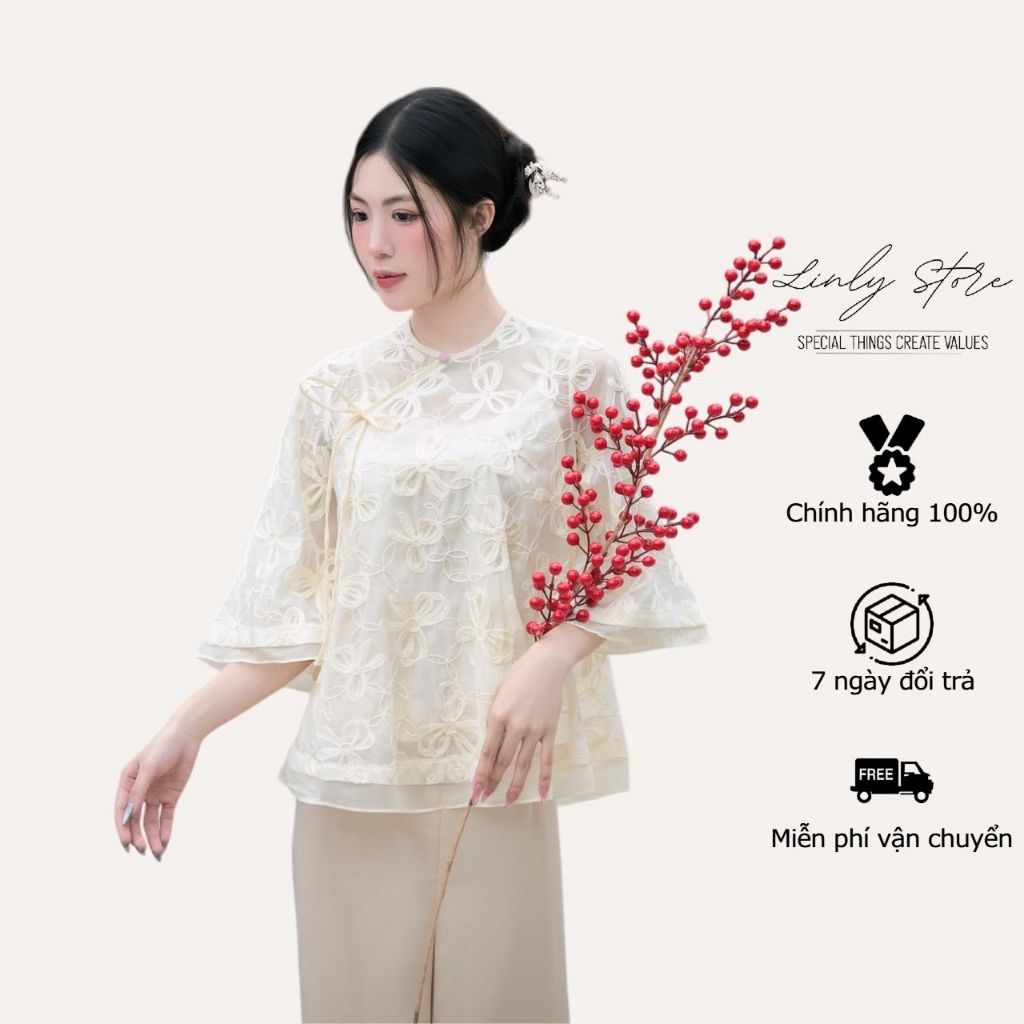 Áo kiểu nữ chất tơ thêu hoa mặc Tết kèm áo hai dây Linly Store A-KIE7