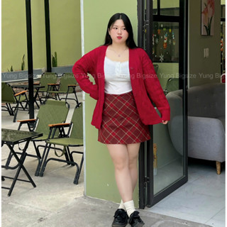 Set bigsize, set len bigsize áo khoác cadigan len vặn thừng kèm chân váy kẻ đỏ đậm 55-90kg Yung bigsize