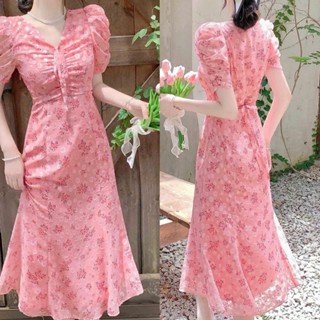 Đầm thời trang voan in hoa nhí dáng dài qua gối cổ V cột dây tay ngắn nhún ngực trẻ trung dịu dàng