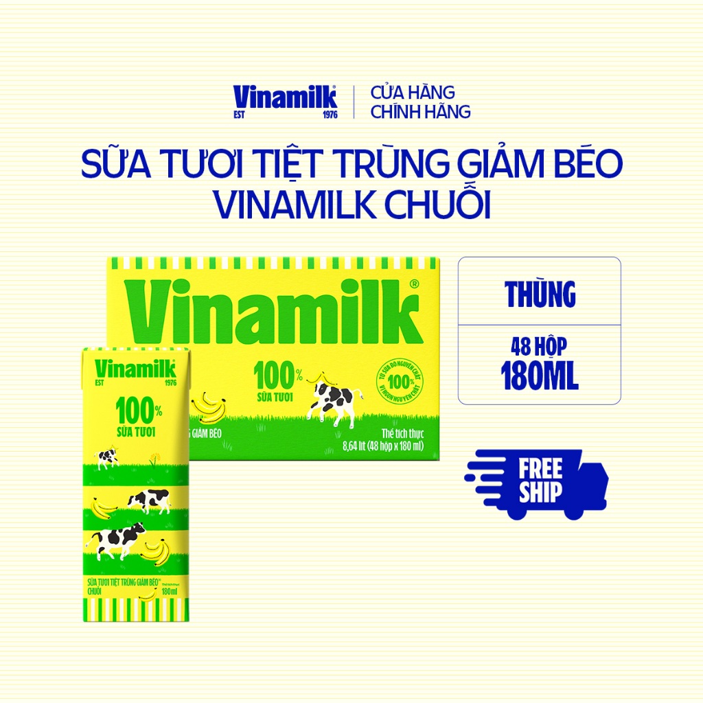 Thùng 48 Hộp Sữa tươi tiệt trùng Vinamilk 100% Chuối 180ml