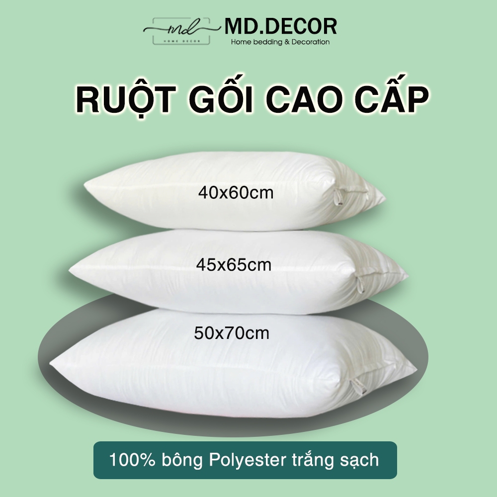 Ruột gối đầu 40x60cm 45x65cm 50x70cm MD.DECOR lõi bông gòn trắng kháng khuẩn có khóa kéo - Lẻ 1 cái