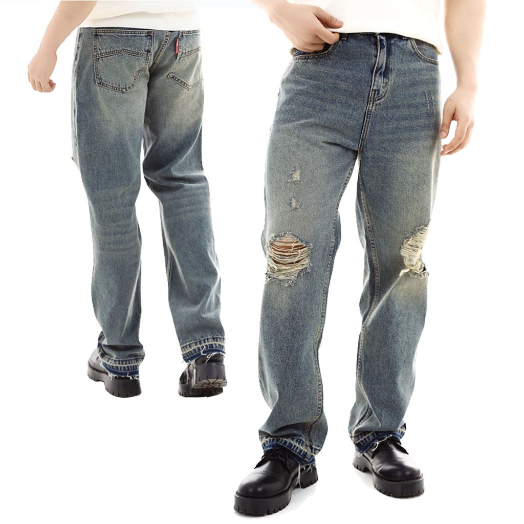Quần Jean Fapas Form Straight Nest, chất vải denim wash rách gối, form che khuyết điểm