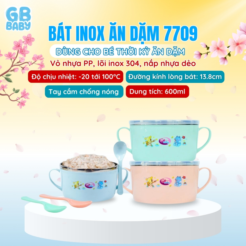 [GB-Baby chính hãng] Bát inox ăn dặm 7709 GB Baby có năp đậy và thìa cho bé