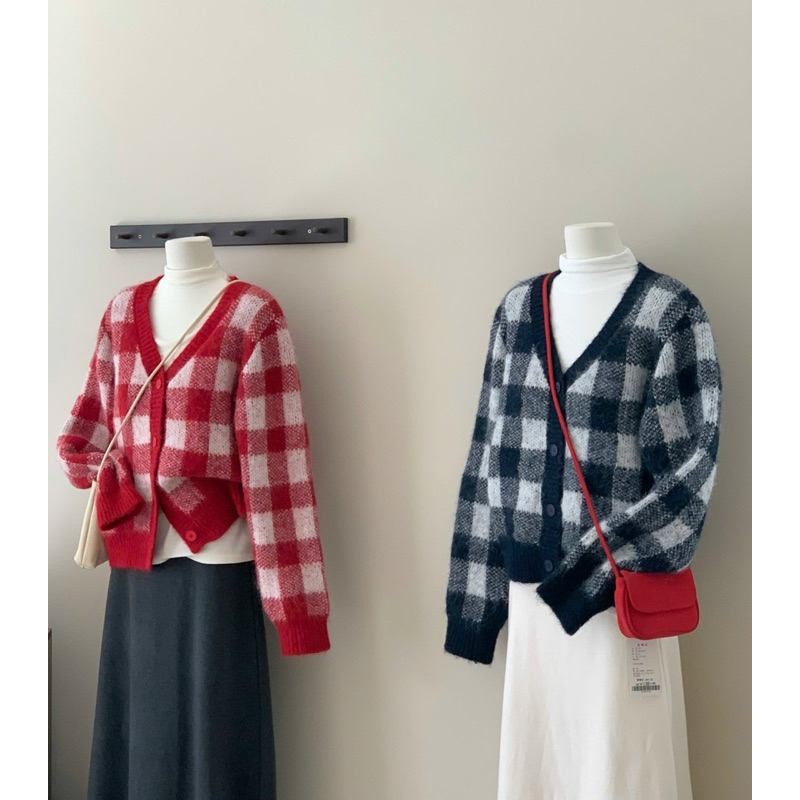 HYERI- Áo Cadigan Kẻ Cổ V Kèm Dây Buộc Tóc + Hàng QCCC 100%