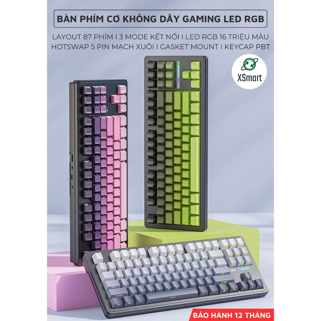 Bàn Phím Cơ Gaming Không Dây Bluetooth XM87 V2 PRO NEW 2025 LED RGB Pro Keycap Xịn, White Switch, Hotswap, 3 Mode | BigBuy360 - bigbuy360.vn